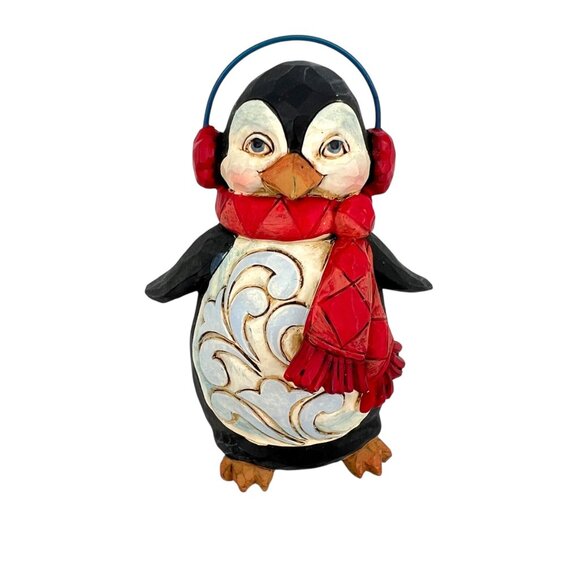 Jim Shore Mini Penguin Figurine With Ear Muffs & Red Scarf - Picture 1 of 10